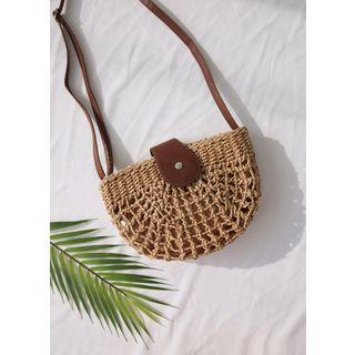 Pleather-strap Rattan Shoulder Bag Brown - One Size