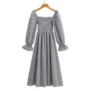Long-sleeve Square-neck Check Dress