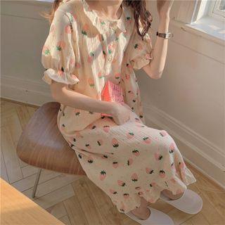 Bell-sleeve Strawberry Print Midi Sleep Dress