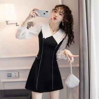 Two-tone Long-sleeve Mini A-line Dress