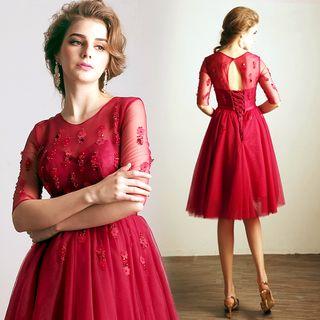 Elbow-sleeve Applique Party Dress