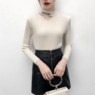 Long-sleeve Lettering Cutout Knit Top