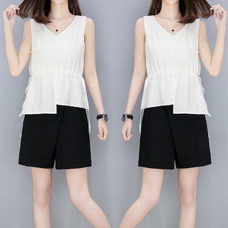 Set: Drawstring V-neck Tank Top + Plain Shorts