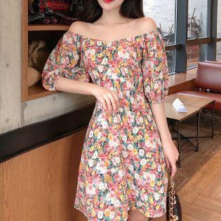 Spaghetti-strap Floral Print Midi A-line Dress / Short-sleeve Dress