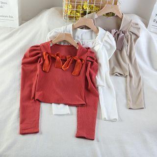 Long-sleeve Bow-accent Cropped Knit Top