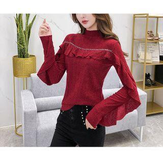 Mock-neck Rhinestone Ruffle Trim T-shirt