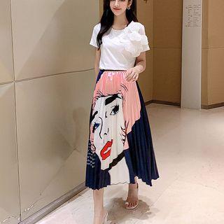 Set: Short-sleeve Top + Midi Printed Pleated Skirt