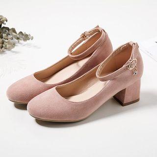 Faux Suede Ankle Strap Block Heel Pumps