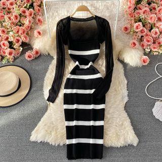 Set: Color Block Knit Slipdress + Open Front Knit Cardigan Black - One Size