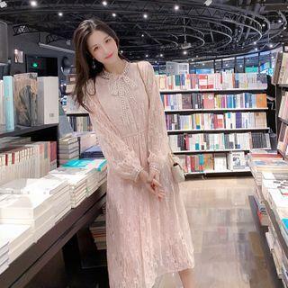 Long Sleeve Tie-neck Lace A-line Dress
