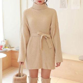 Turtle-neck Rib-knit Sweater Dress With Sash