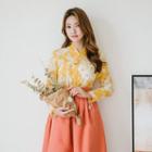 Modern Hanbok Set: Long-sleeve Top (floral) + Midi Skirt (white)