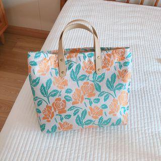 Floral Print Tote Bag Orange Flower & Blue Leaf - White - One Size