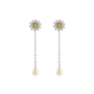 Sterling Silver Simple And Elegant Daisy Freshwater Pearl Tassel Earrings Silver - One Size
