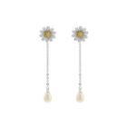Sterling Silver Simple And Elegant Daisy Freshwater Pearl Tassel Earrings Silver - One Size