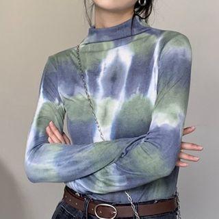 Long-sleeve Tie-dye Mock-neck T-shirt As Shown In Figure - One Size