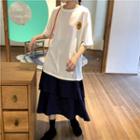 Elbow-sleeve Print T-shirt / Layered A-line Midi Skirt