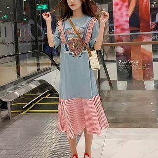 Elbow-sleeve Striped Panel Printed Midi T-shirt Dress