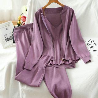 Set: Hooded Zip Cardigan + Knit Camisole + Cropped Harem Pants