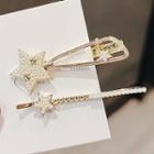 Set: Star Faux Pearl Hair Clip + Hair Pin Ly1985 - 2 Pcs - Gold & White - One Size