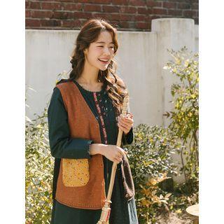 Floral Print Pocket Color-block Knit Vest