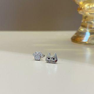 Sterling Silver Asymmetrical Cat Stud Earring 1 Pair - Silver - One Size