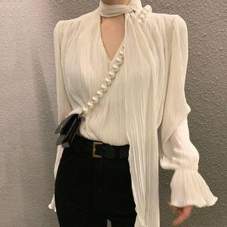 Bell-sleeve Tie Neck Crinkle Blouse