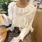 Long-sleeve Ruffle Trim Chiffon Top White - One Size