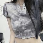 Short-sleeve Chain Lace-up Tie-dye Crop Top
