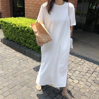 Elbow-sleeve Plain Midi Dress