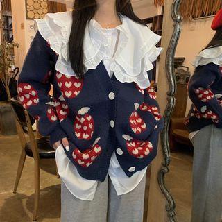 Ruffled Collared Blouse / Heart Print Cardigan