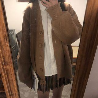 Long-sleeve Plain Button-down Shirt / Plain Knit Cardigan