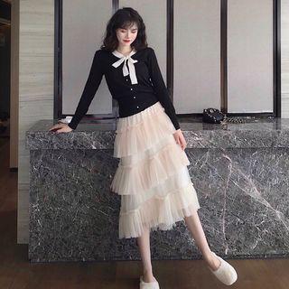 Set : Bow Knit + Mesh Cake Skirt