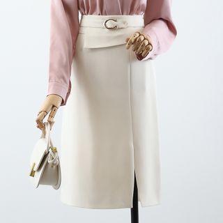 Slit Midi A-line Skirt / Long-sleeve Blouse