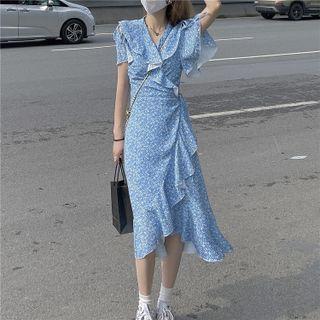 Short-sleeve Floral Print Ruffle Trim Midi Dress