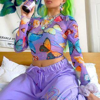 Long-sleeve Butterfly Print Mesh Crop Top