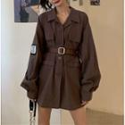 Long-sleeve Plain Cargo Mini Dress Charcoal Gray With Belt - One Size