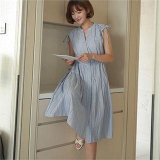 Drawstring-sleeve Stripe Shirtdress