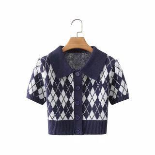 Short-sleeve Collared Argyle Cardigan Navy Blue - One Size