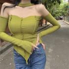Cold-shoulder Knit Crop Top Green - One Size