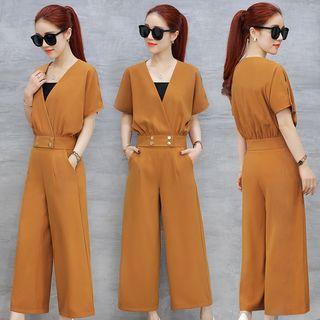 Set: V-neck Short-sleeve Top + Wide Leg Pants