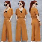 Set: V-neck Short-sleeve Top + Wide Leg Pants