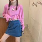 Long-sleeve Elbow-cutout Shirred T-shirt