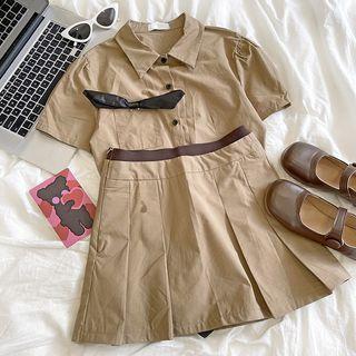 Short-sleeve Bow Cargo Shirt / High-waist A-line Accordion Pleated Mini Skirt