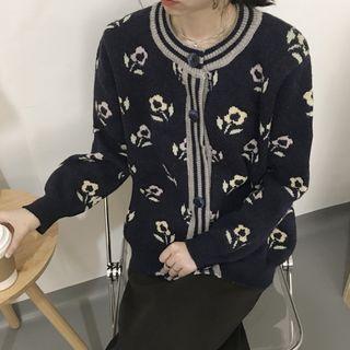 Flower Embroidered Cardigan Navy Blue - One Size