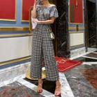 Gingham Off-shoulder Short-sleeve Wide-leg Jumpsuit