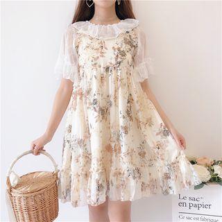 Short-sleeve Lace Top / Spaghetti Strap Floral A-line Dress