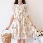 Short-sleeve Lace Top / Spaghetti Strap Floral A-line Dress
