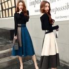 Set: Long-sleeve Plain Top + Color Block Midi A-line Skirt