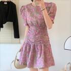 Short-sleeve Round Neck Floral A-line Mini Dress